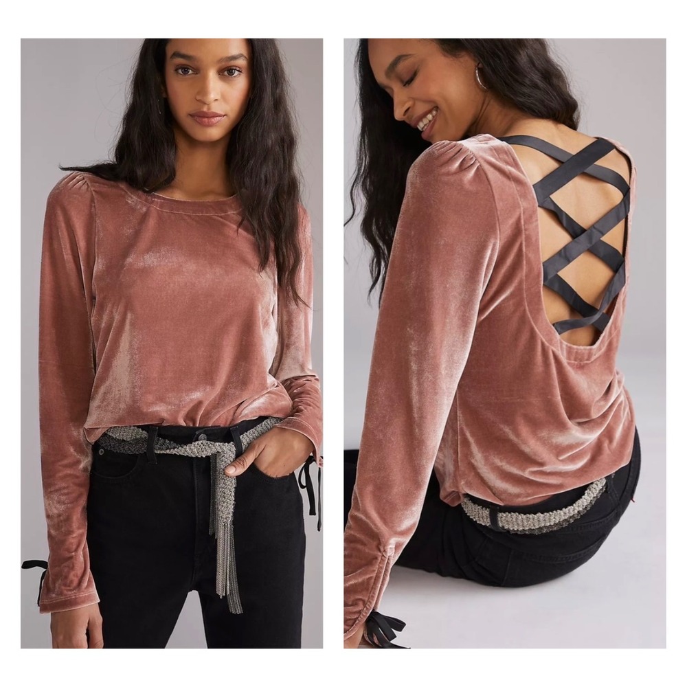 Anthropologie Velvet Top Pink Open Back Crisscross Ribbon Tie Cuff Women XS